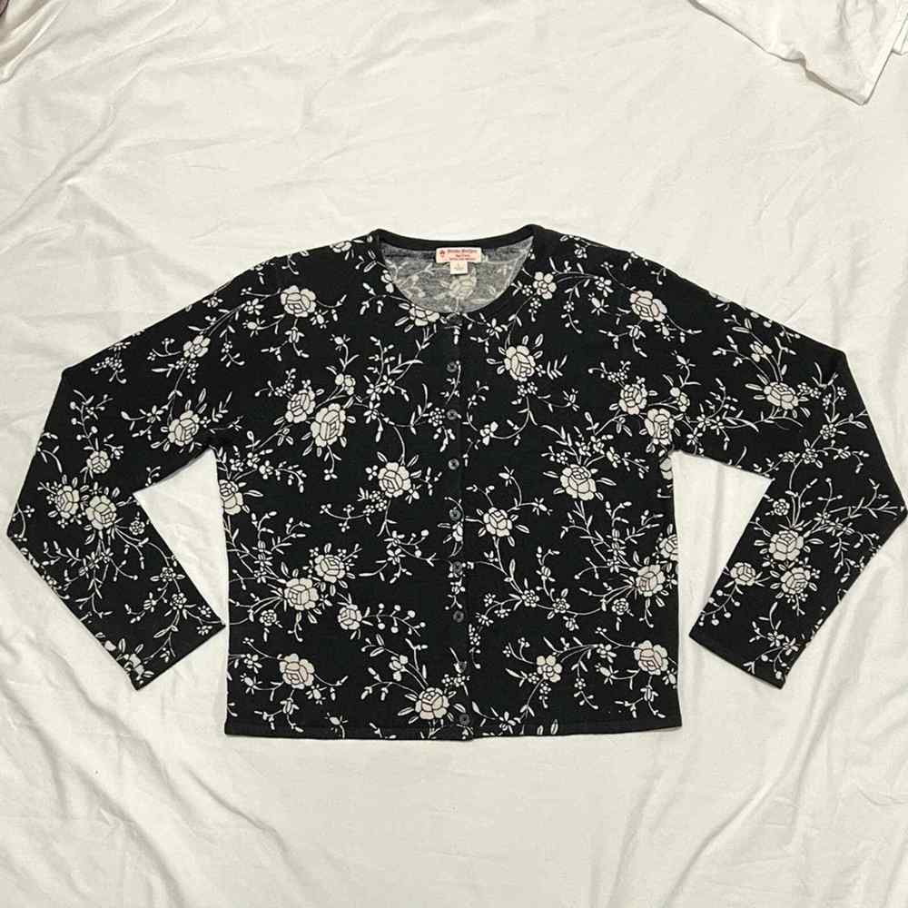 Brooks Brothers 100% Merino Wool Black and White Floral Print Cardigan, Large